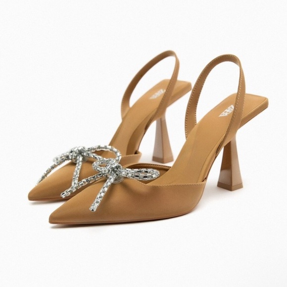 NWOT Zara Bow Slingback Neutral Heels Size 40 - Picture 1 of 15